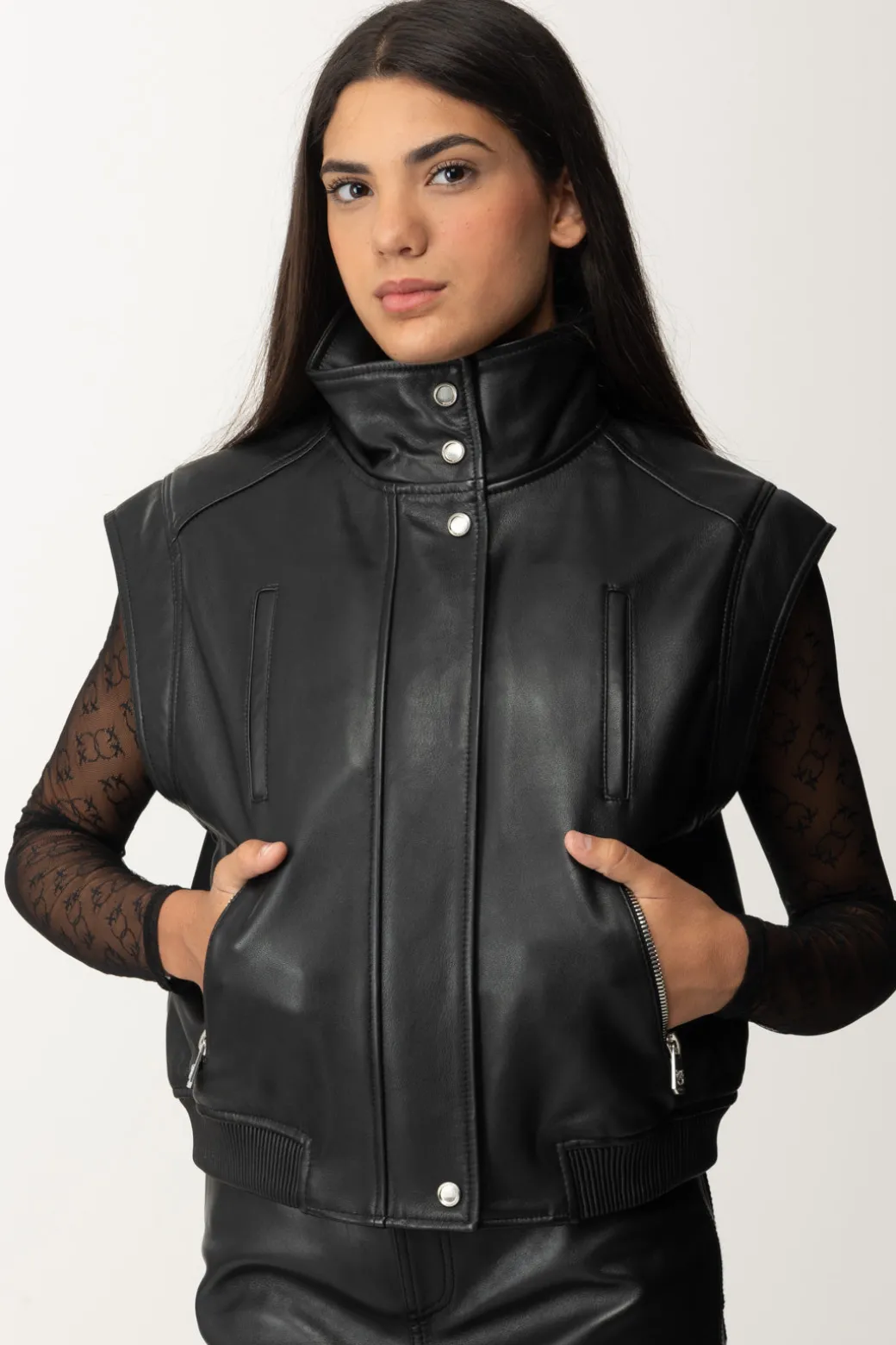Donna Pinko Giacca Biker In Pelle Smanicata