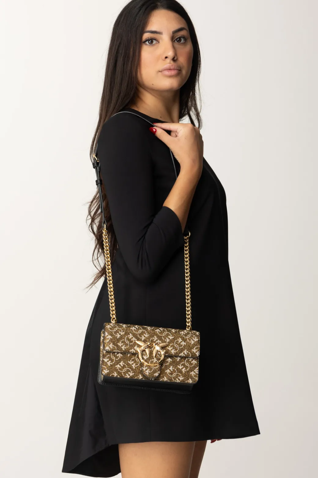 Donna Pinko Mini Love Bag In Pelle con Strass Monogram