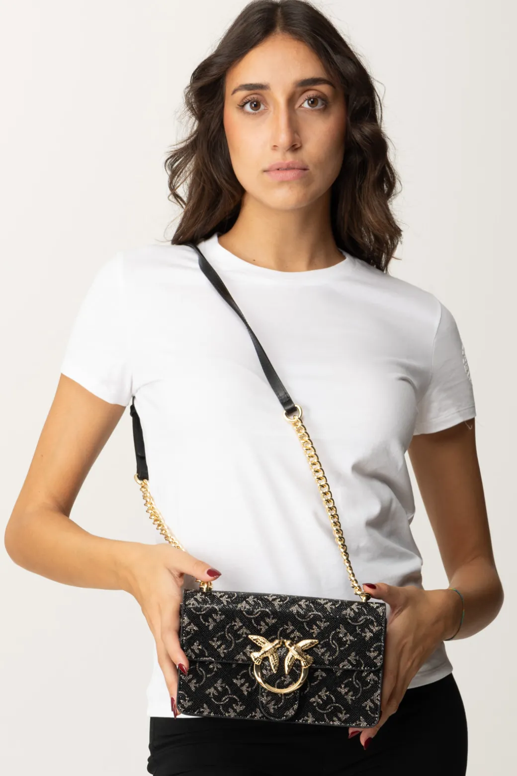 Donna Pinko Mini Love Bag In Pelle con Strass Monogram