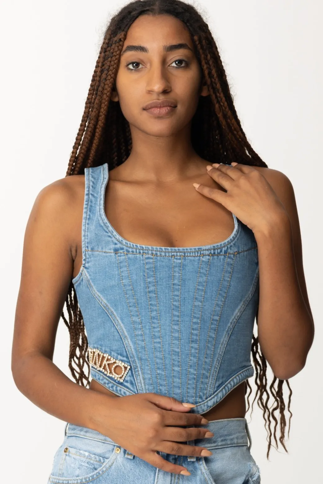 Donna Pinko Top Bustier In Jeans con Logo Strass