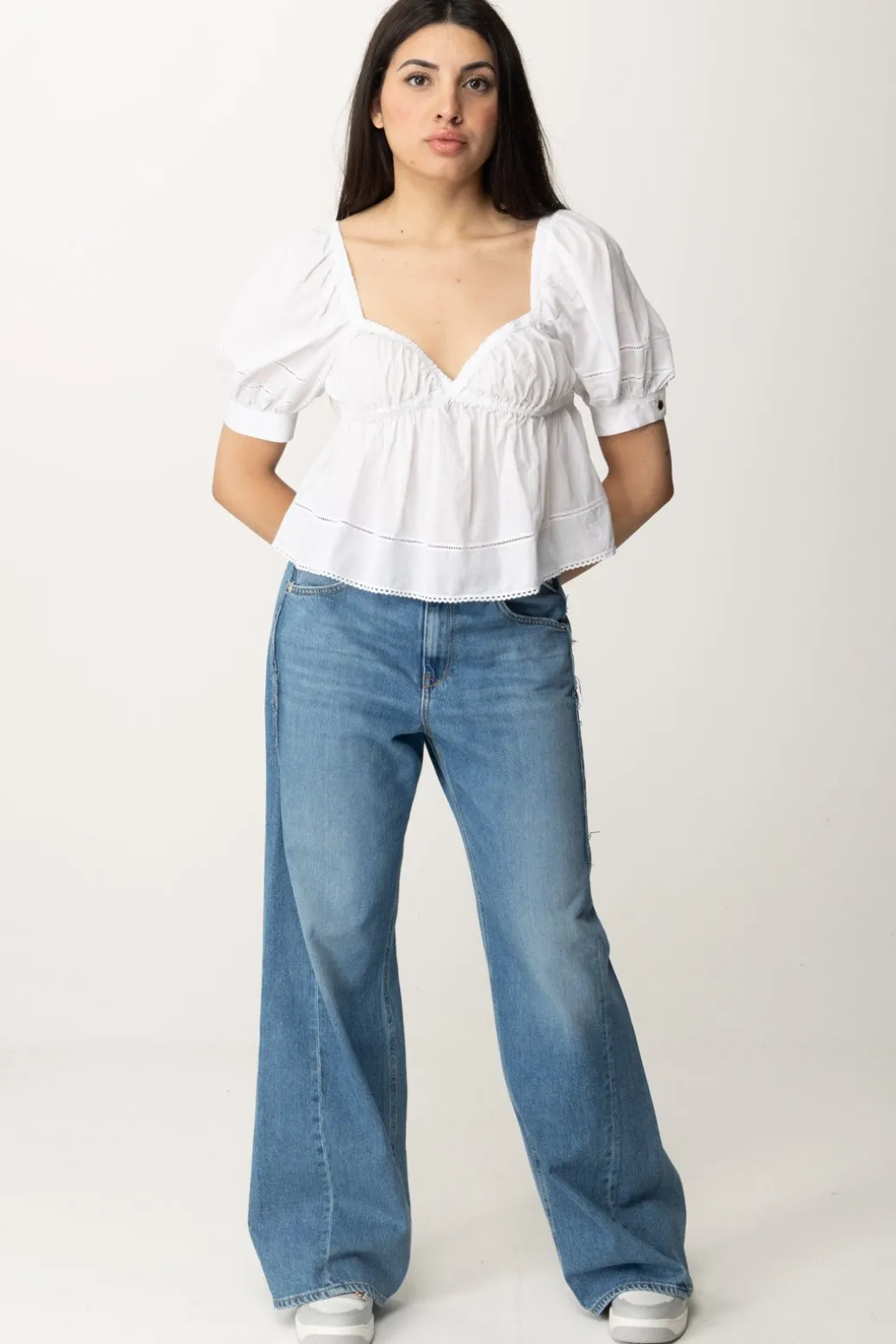 Donna Pinko Top In Mussola con Ricamo a Jour