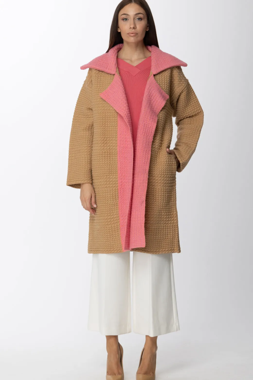 Donna Simona Corsellini Cappotto In Panno con Rever a Contrasto