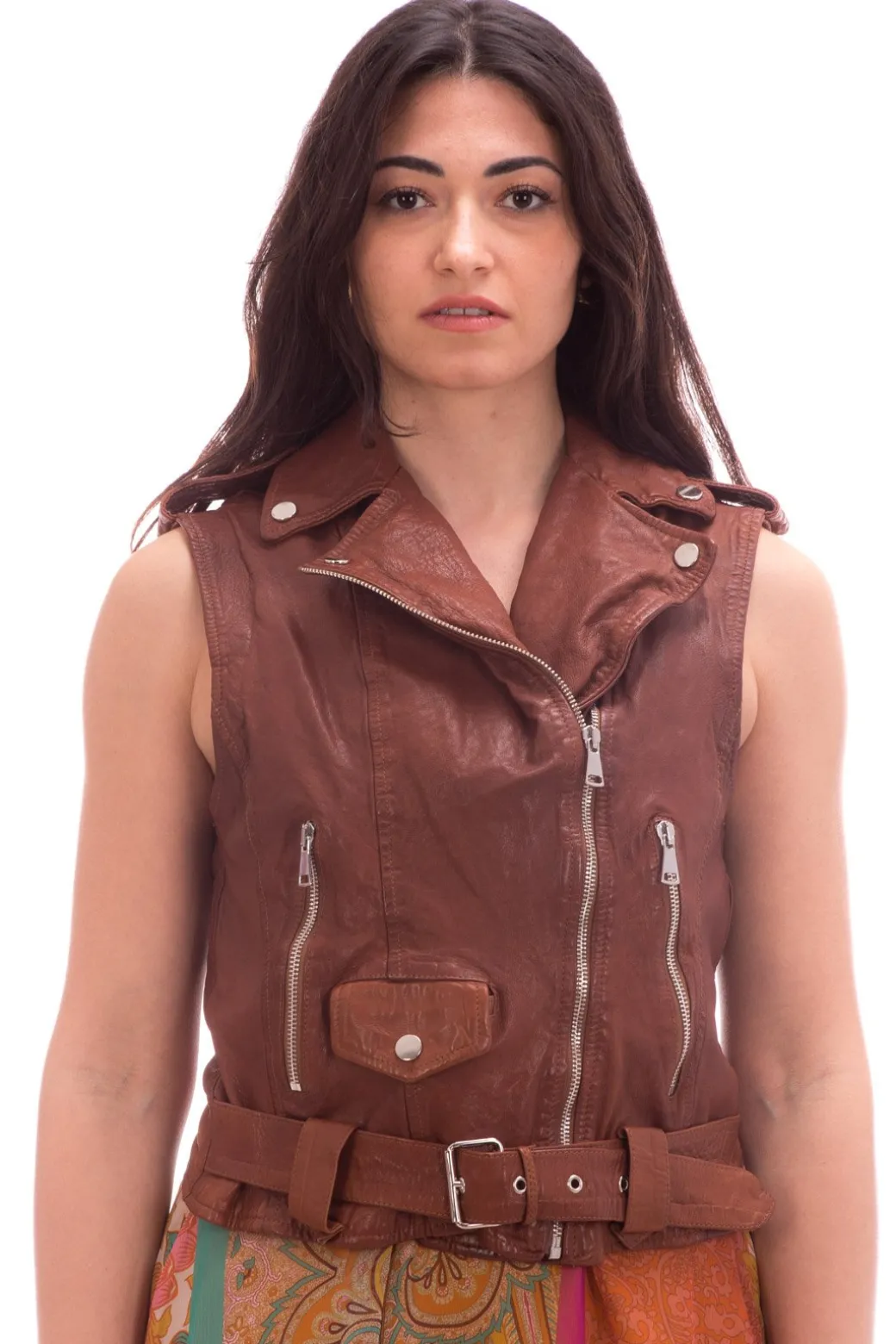 Donna Souvenir Gilet Corto In Pelle con Zip e Cintura