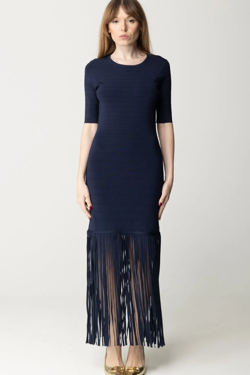 Donna Twin-set Abito In Maglia con Frange e Scollo Sul Retro