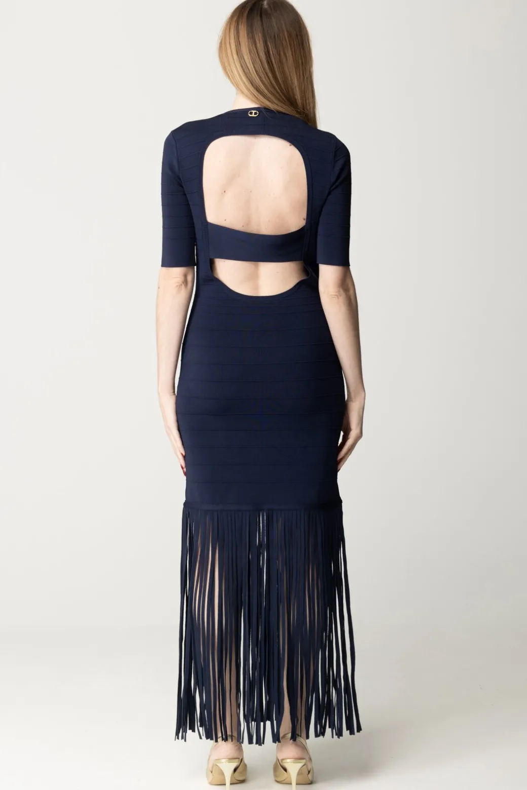 Donna Twin-set Abito In Maglia con Frange e Scollo Sul Retro