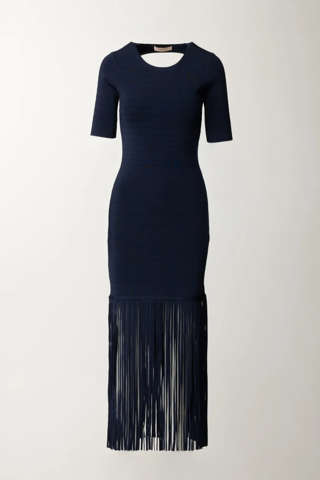 Donna Twin-set Abito In Maglia con Frange e Scollo Sul Retro