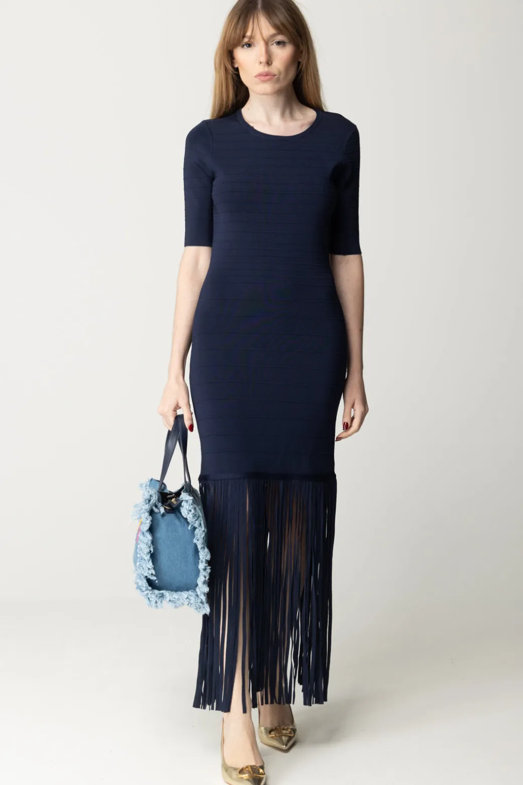 Donna Twin-set Abito In Maglia con Frange e Scollo Sul Retro
