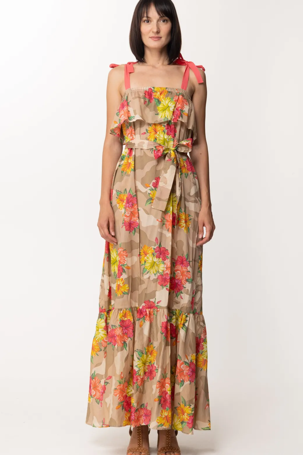 Donna Twin-set Abito Lungo a Fiori con Volant e Fiocchetti