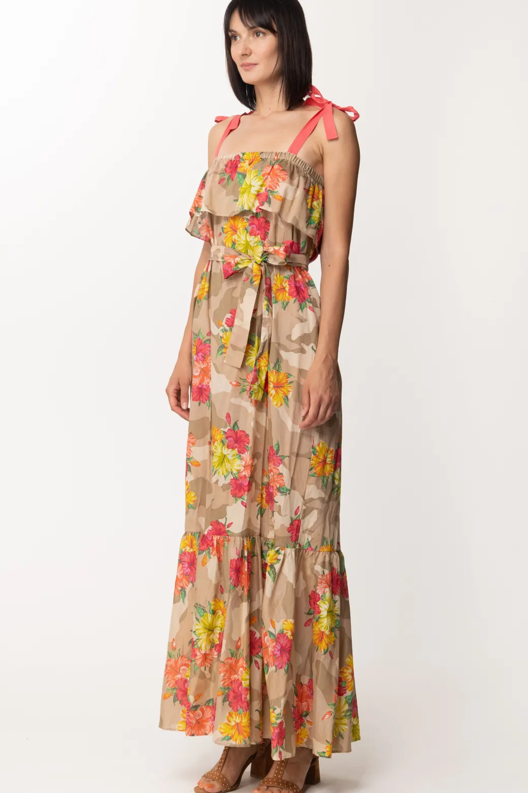 Donna Twin-set Abito Lungo a Fiori con Volant e Fiocchetti