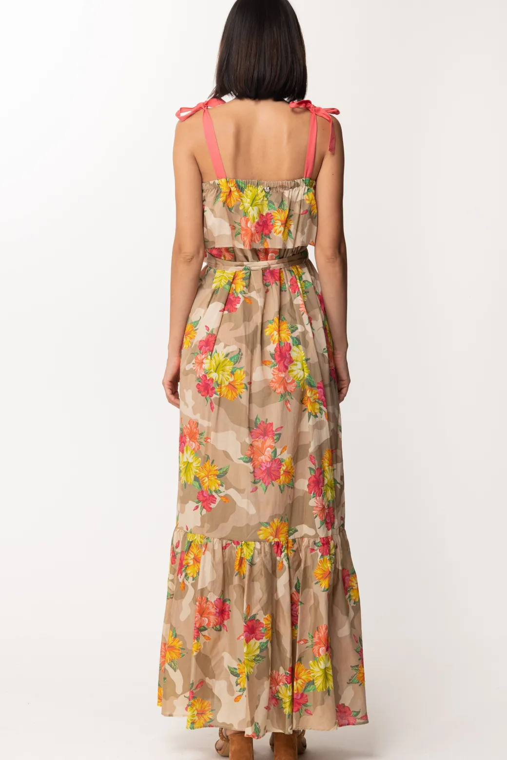 Donna Twin-set Abito Lungo a Fiori con Volant e Fiocchetti