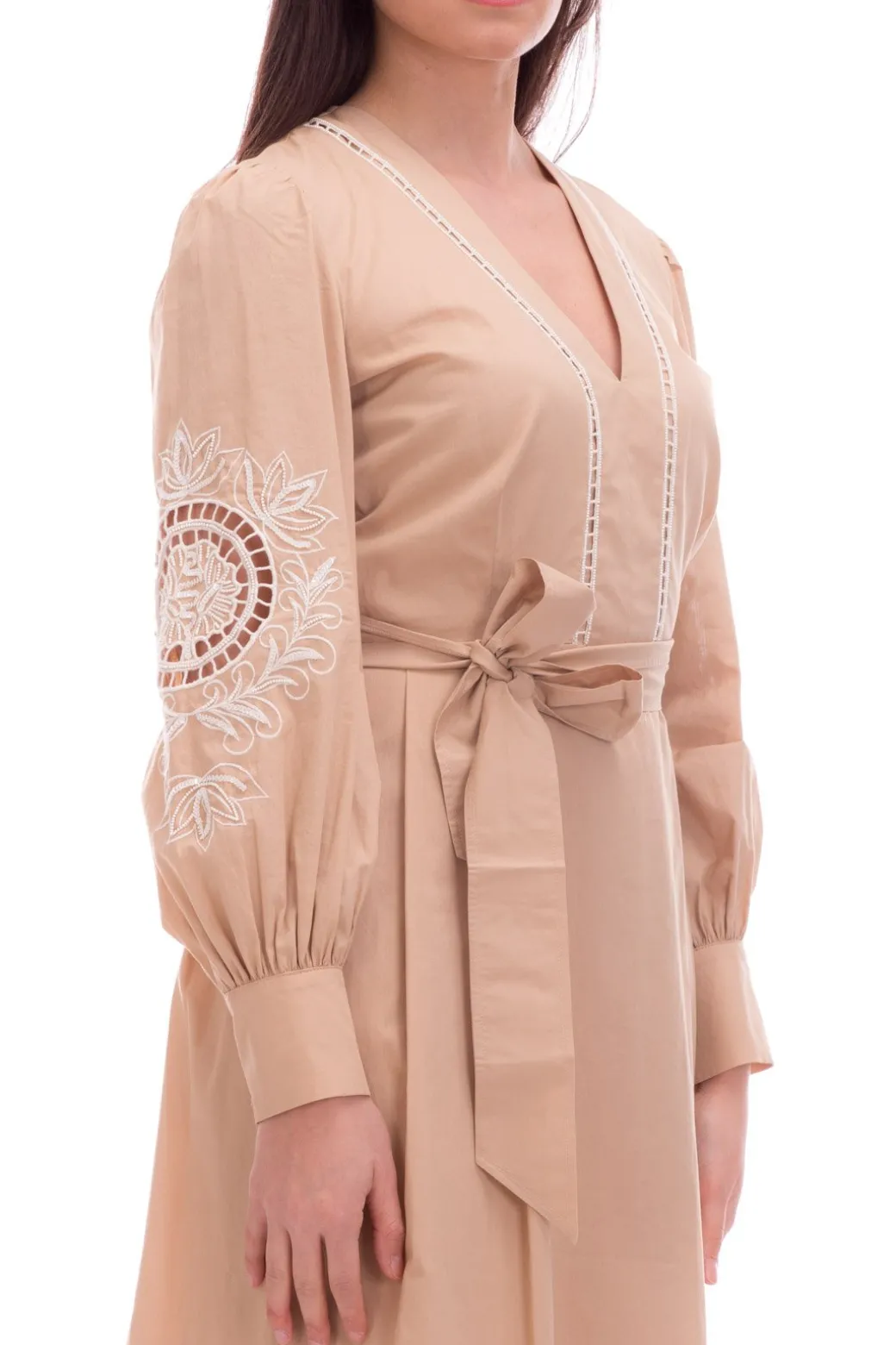 Donna Twin-set Abito Lungo In Mussola con Ricami e Cintura