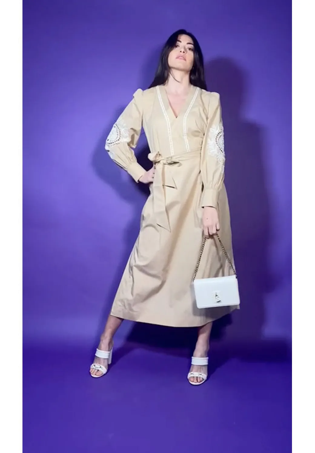 Donna Twin-set Abito Lungo In Mussola con Ricami e Cintura