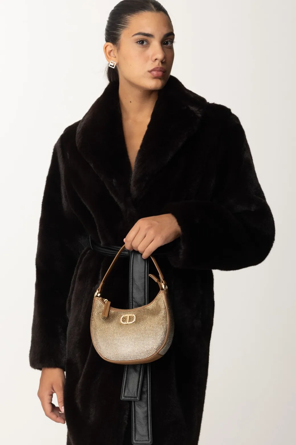 Donna Twin-set Borsa Hobo Moon con Strass e Logo