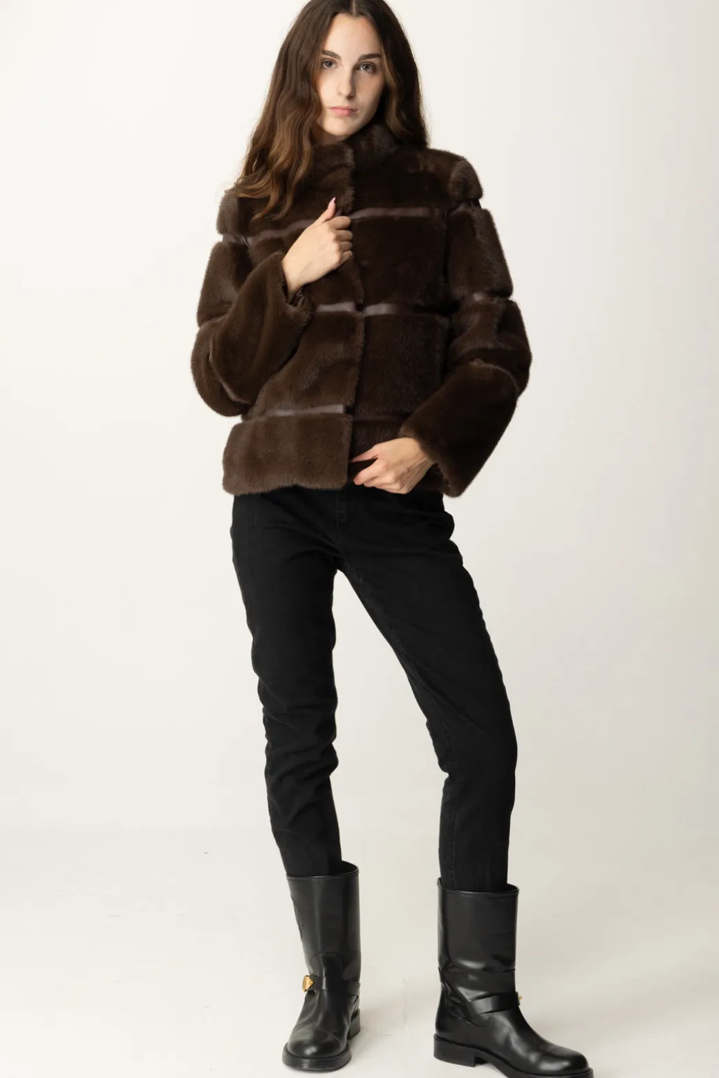Donna Twin-set Cappotto Corto In Faux Fur con Intarsi