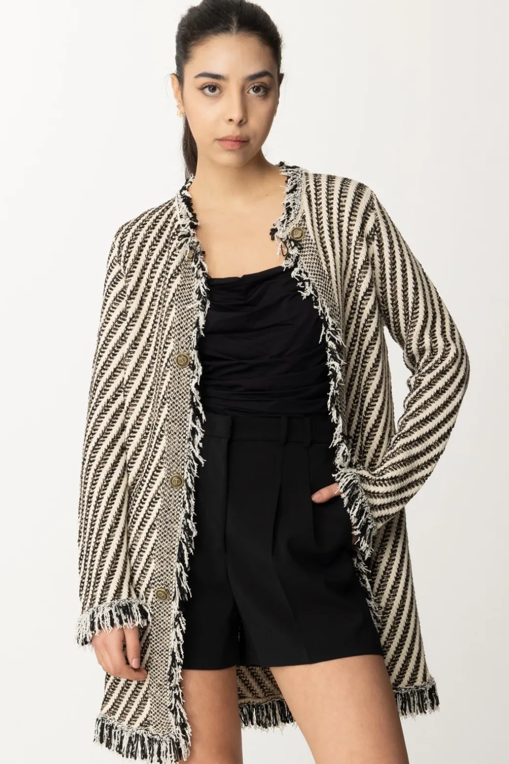 Donna Twin-set Cappotto In Maglia a Righe con Frange