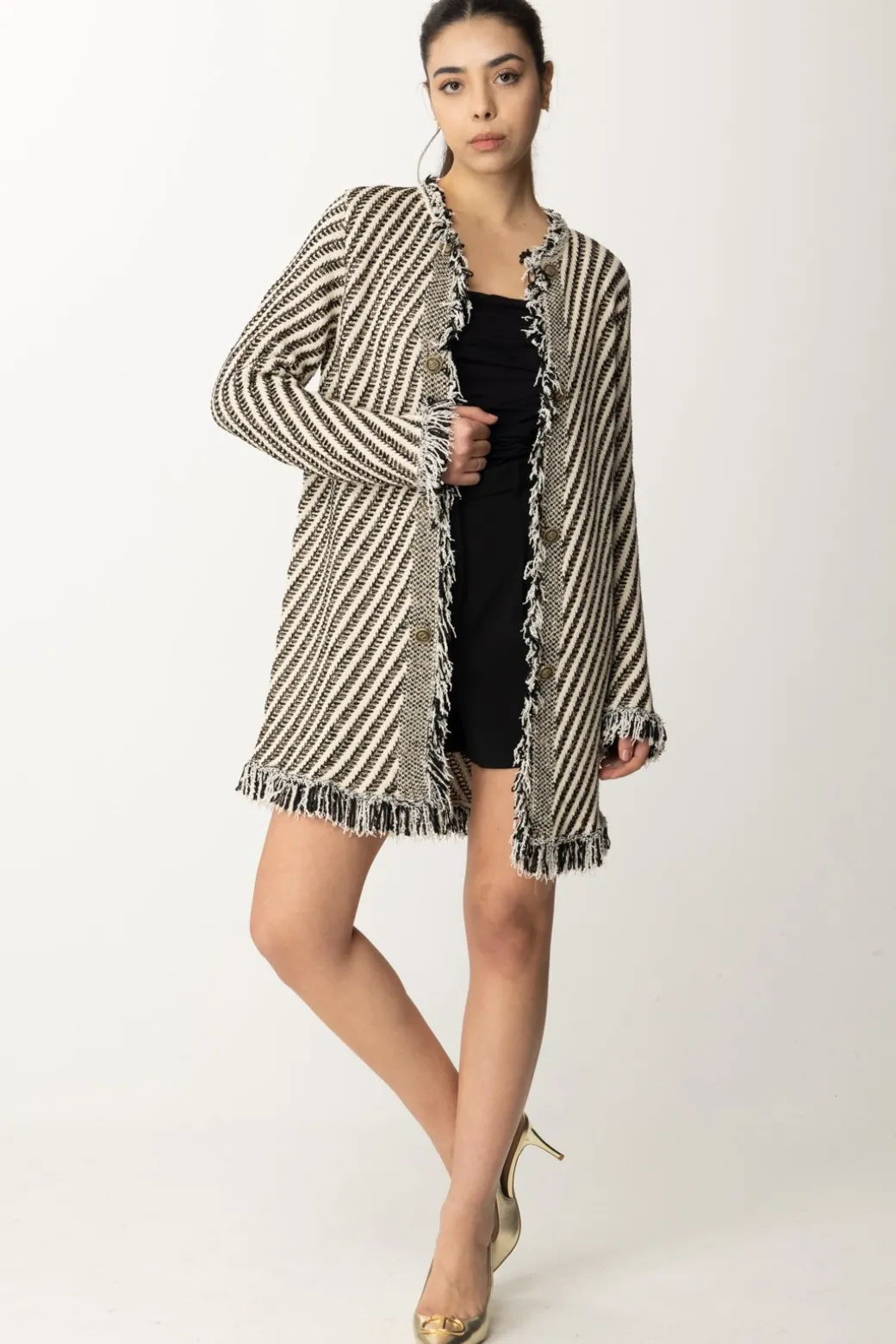 Donna Twin-set Cappotto In Maglia a Righe con Frange