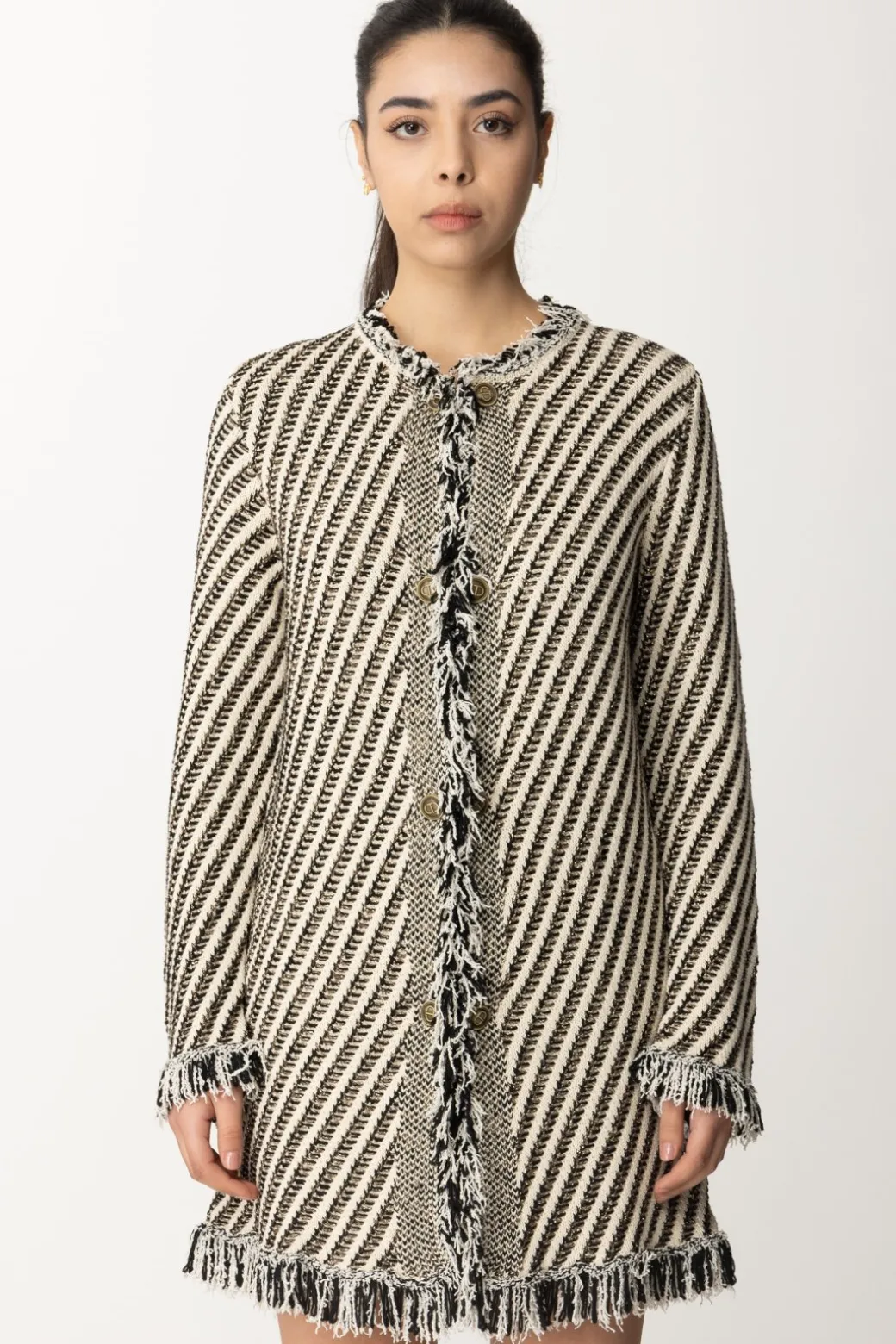Donna Twin-set Cappotto In Maglia a Righe con Frange