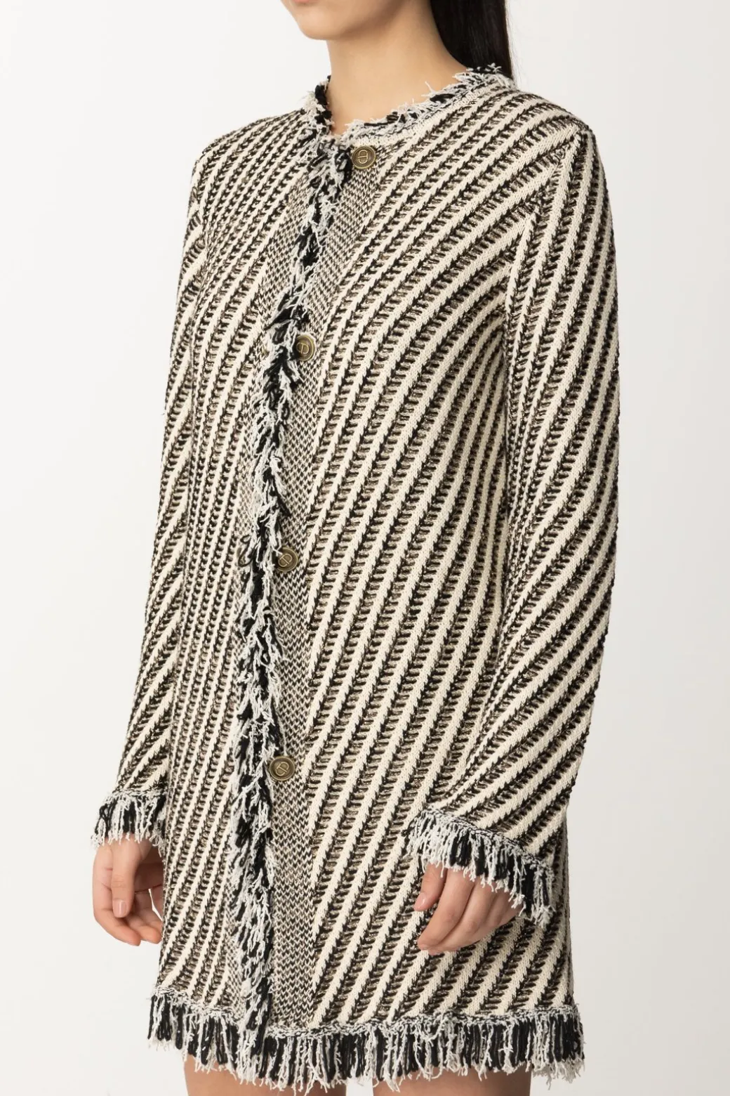 Donna Twin-set Cappotto In Maglia a Righe con Frange