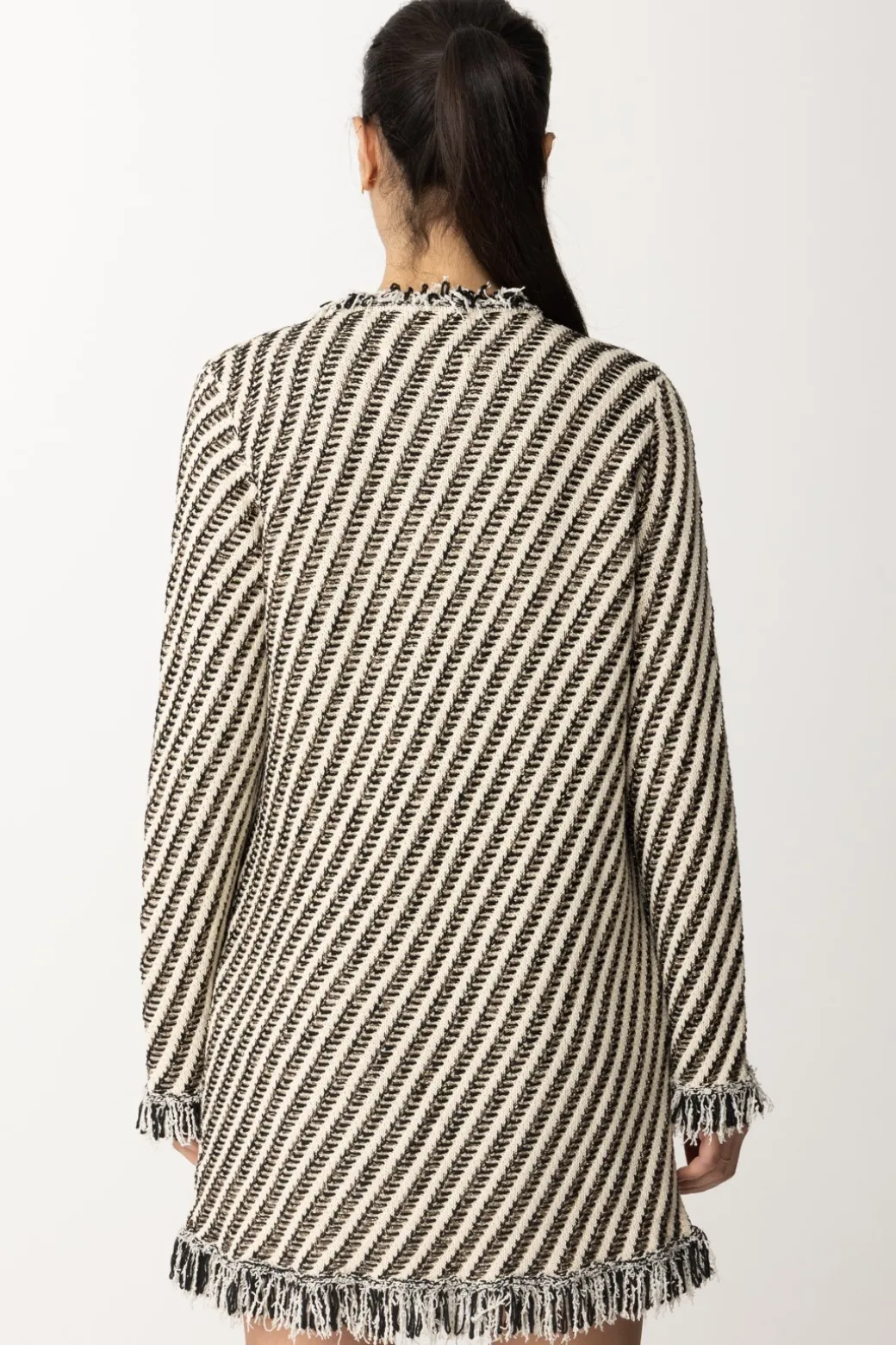 Donna Twin-set Cappotto In Maglia a Righe con Frange