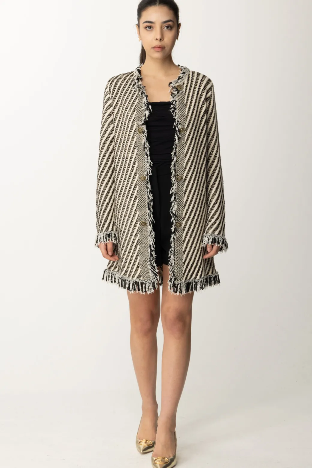 Donna Twin-set Cappotto In Maglia a Righe con Frange