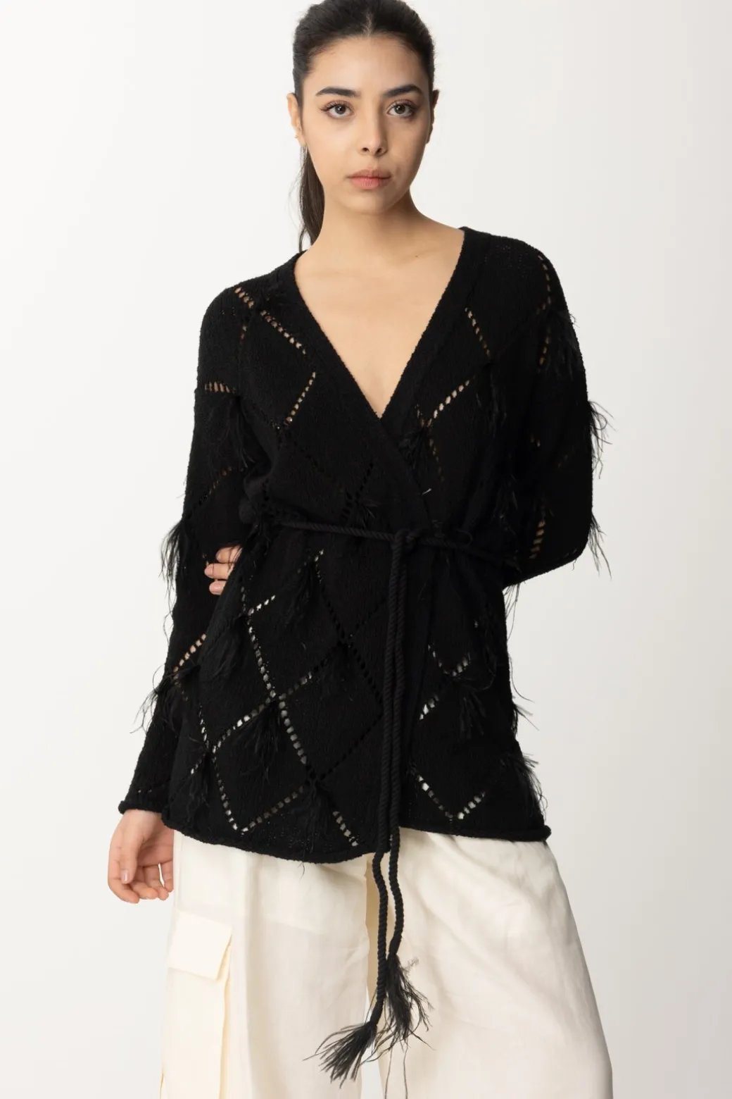 Donna Twin-set Cardigan a Losanghe con Piumette