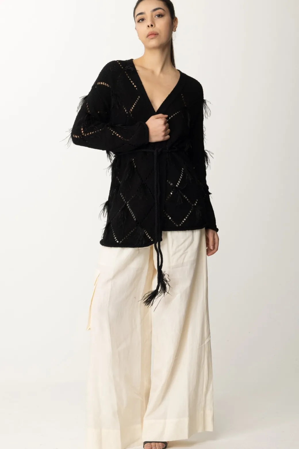 Donna Twin-set Cardigan a Losanghe con Piumette