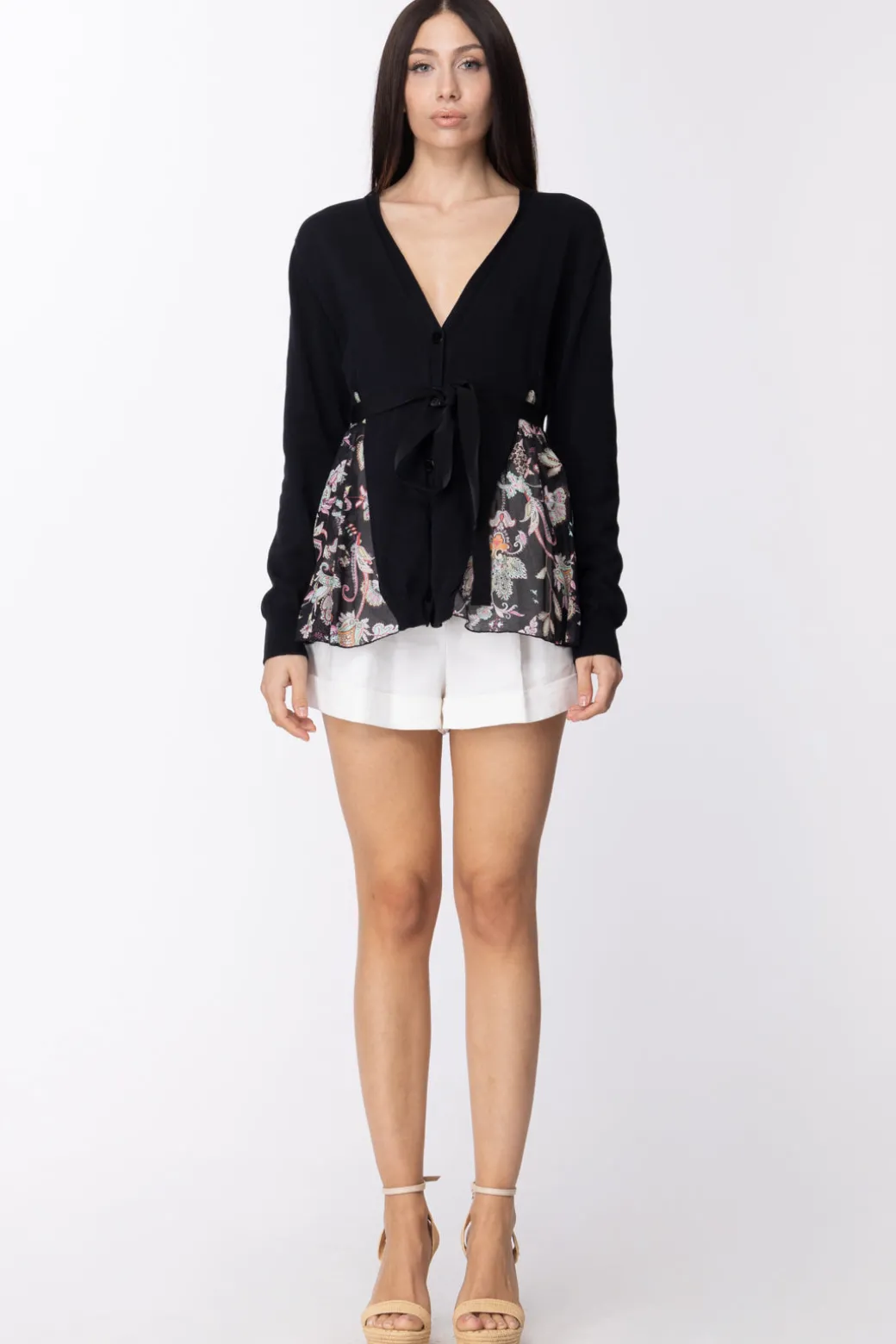 Donna Twin-set Cardigan In Maglia con Inserti Stampati e Fusciacca