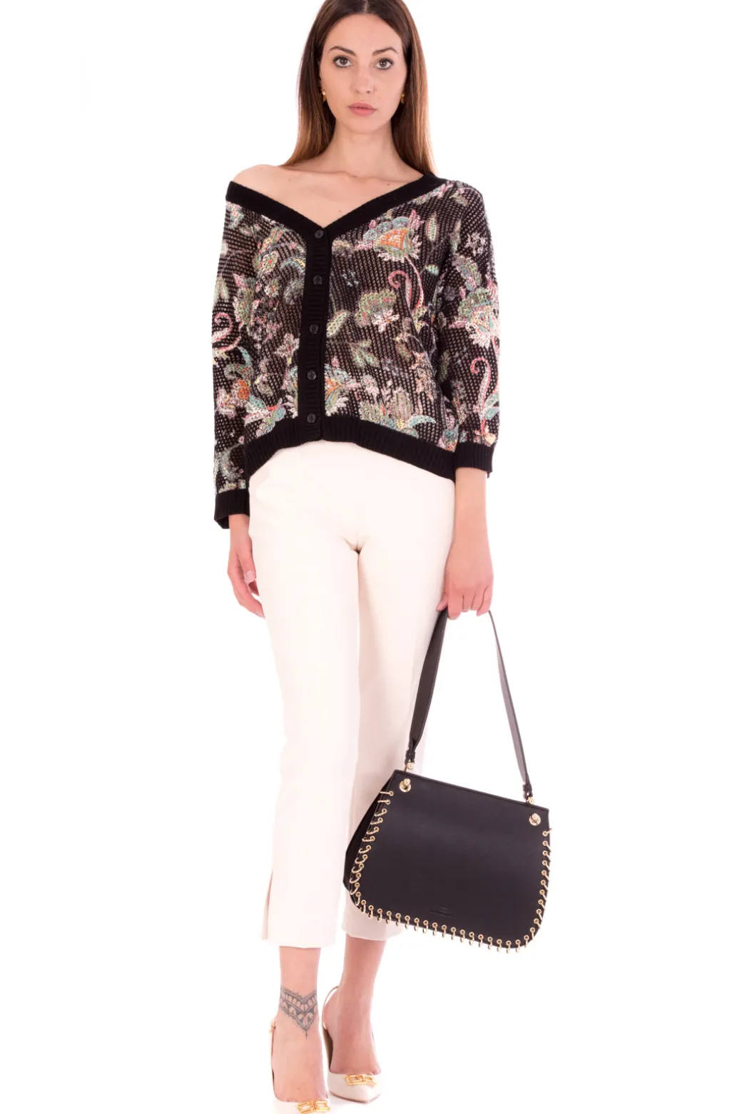 Donna Twin-set Cardigan In Punto Rete Stampa Floreale