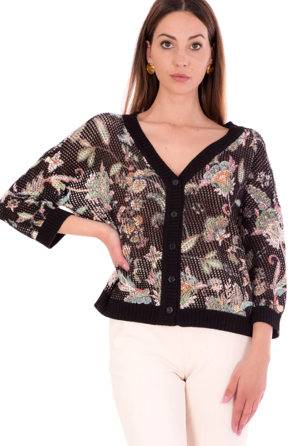 Donna Twin-set Cardigan In Punto Rete Stampa Floreale