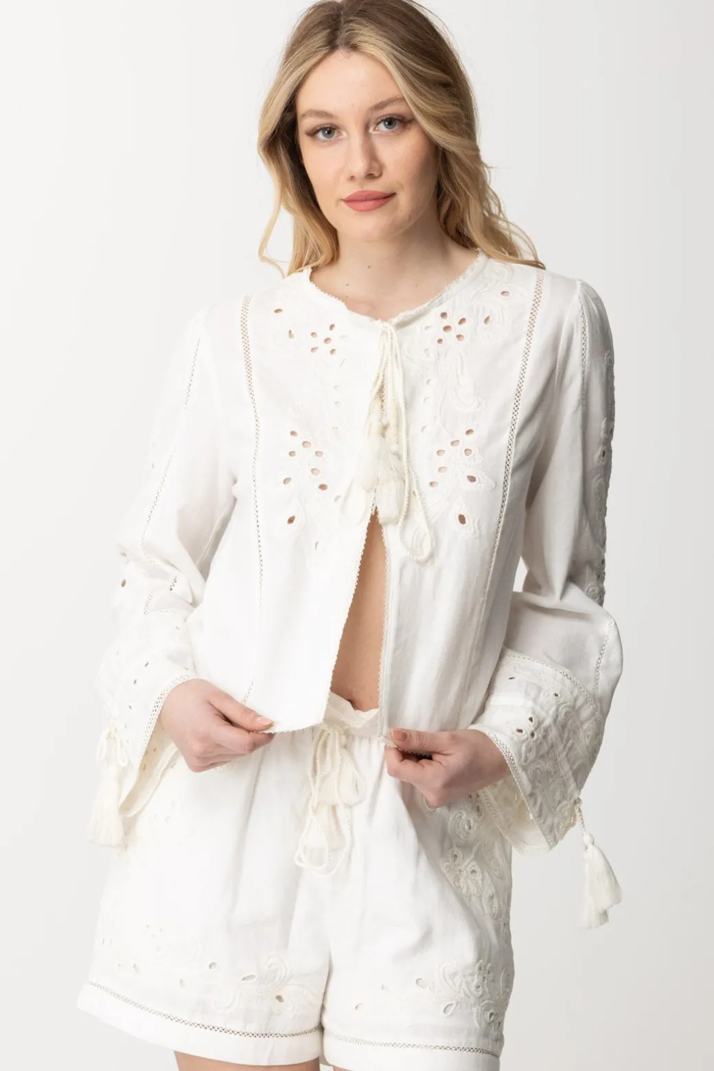 Donna Twin-set Giacca con Ricami e Coulisse