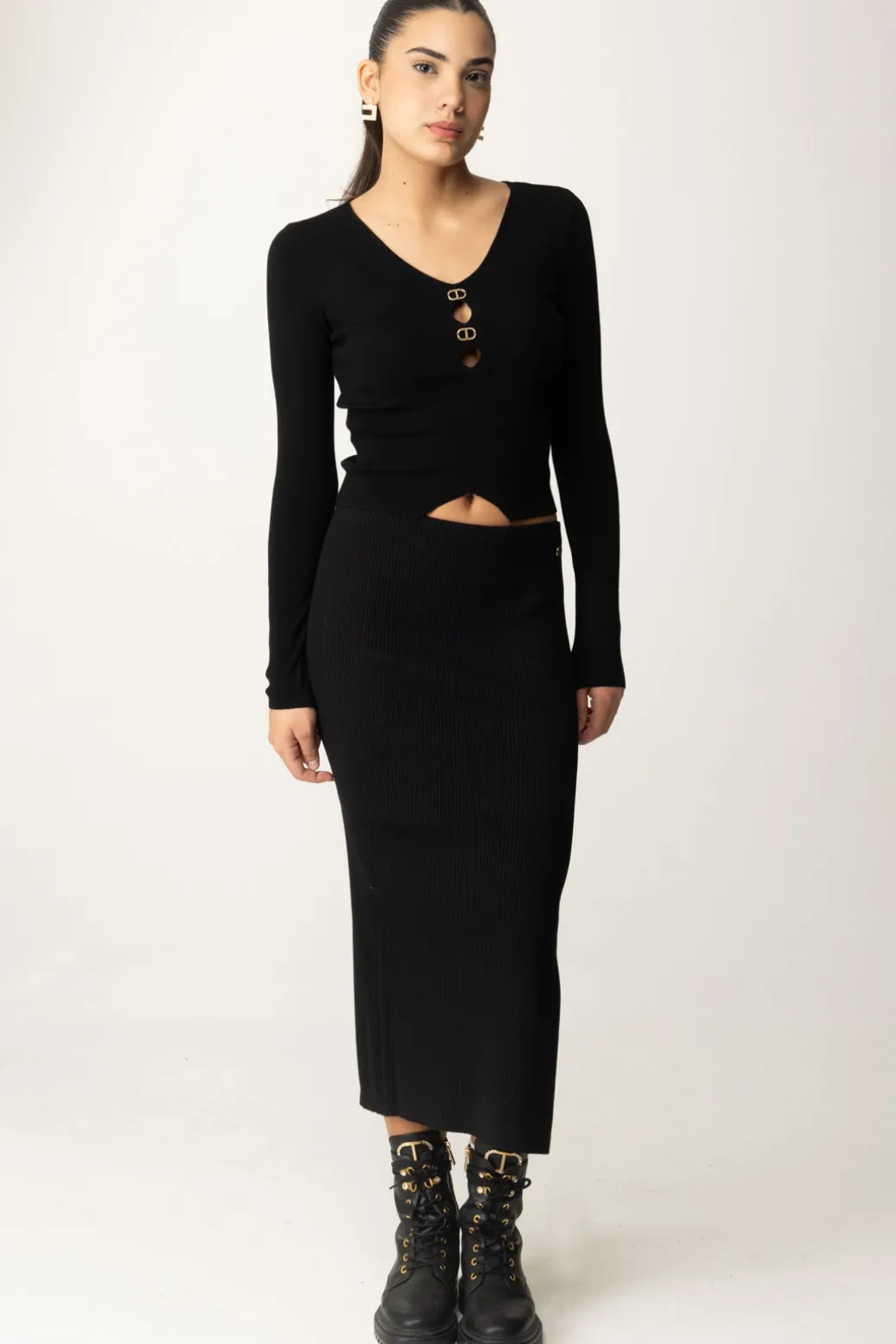 Donna Twin-set Gonna Midi In Misto Viscosa Stretch