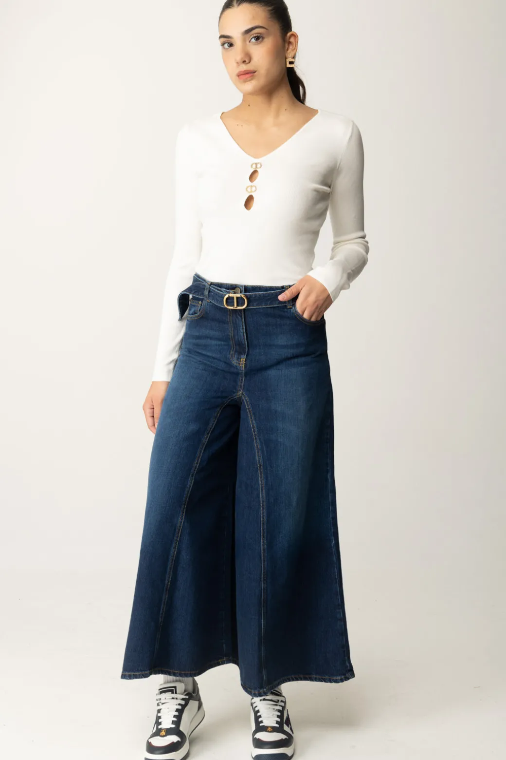 Donna Twin-set Jeans Crop Svasati con Cintura
