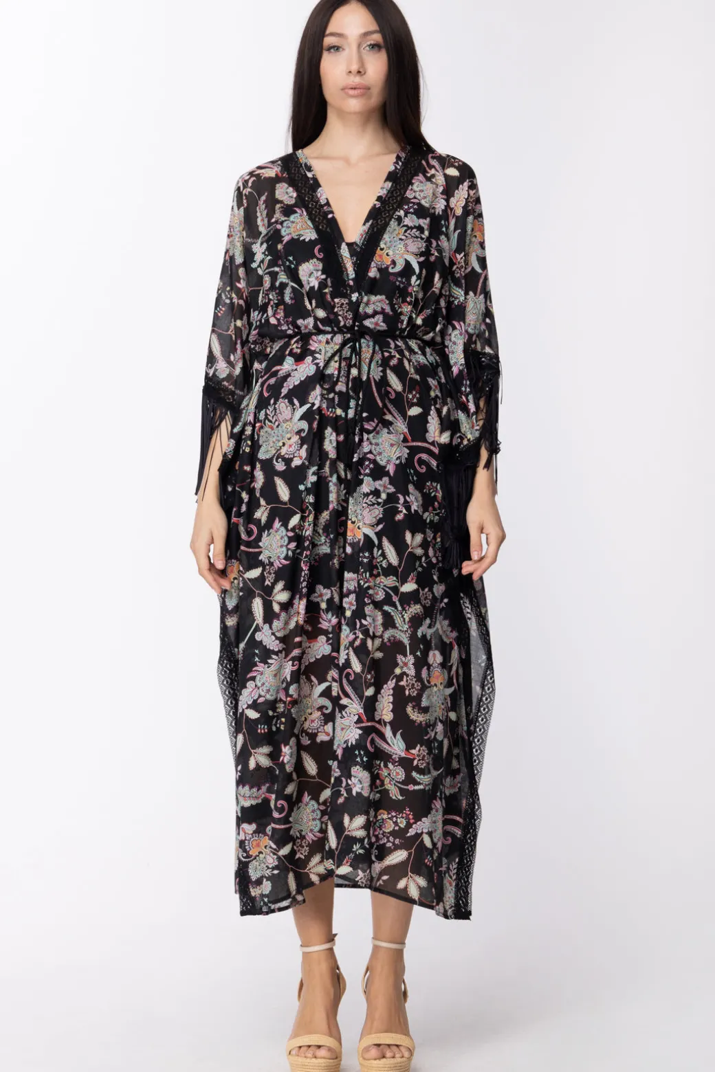 Donna Twin-set Kaftano Stampato con Frange e Sottoveste