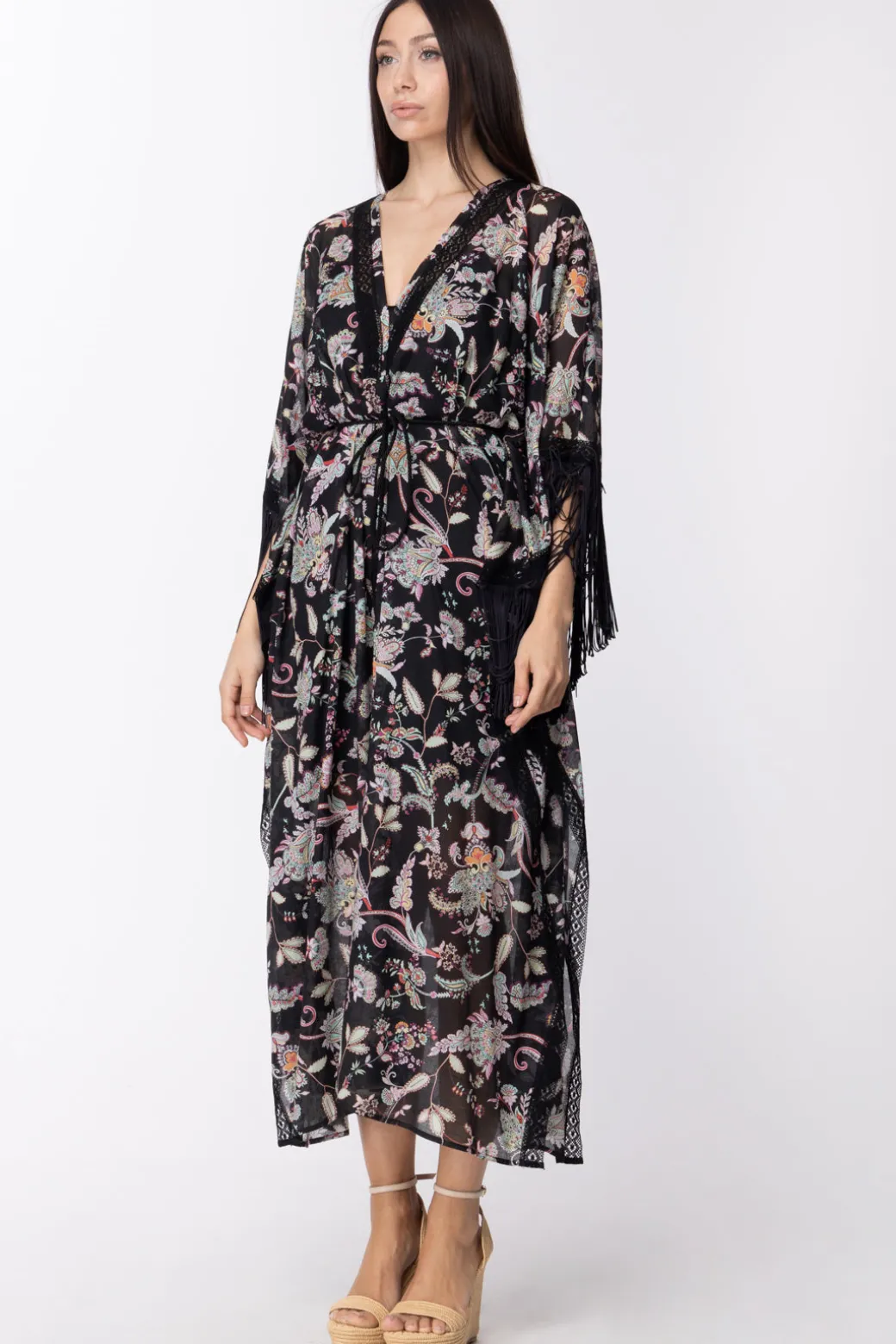 Donna Twin-set Kaftano Stampato con Frange e Sottoveste