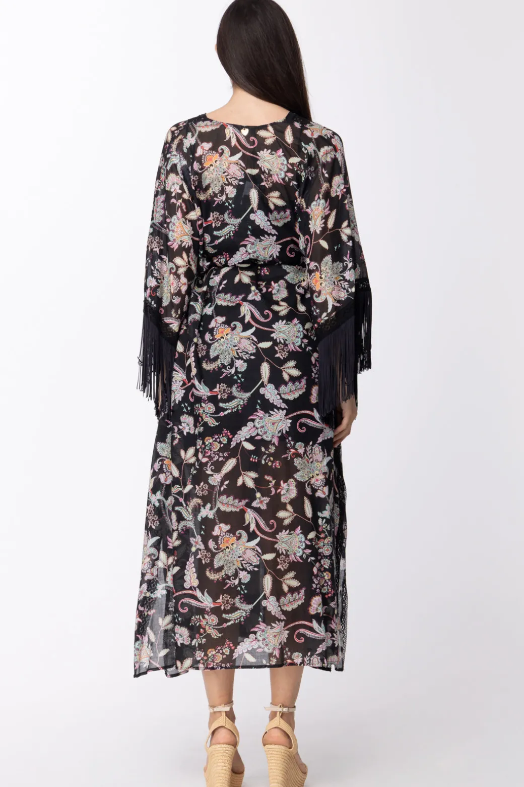 Donna Twin-set Kaftano Stampato con Frange e Sottoveste