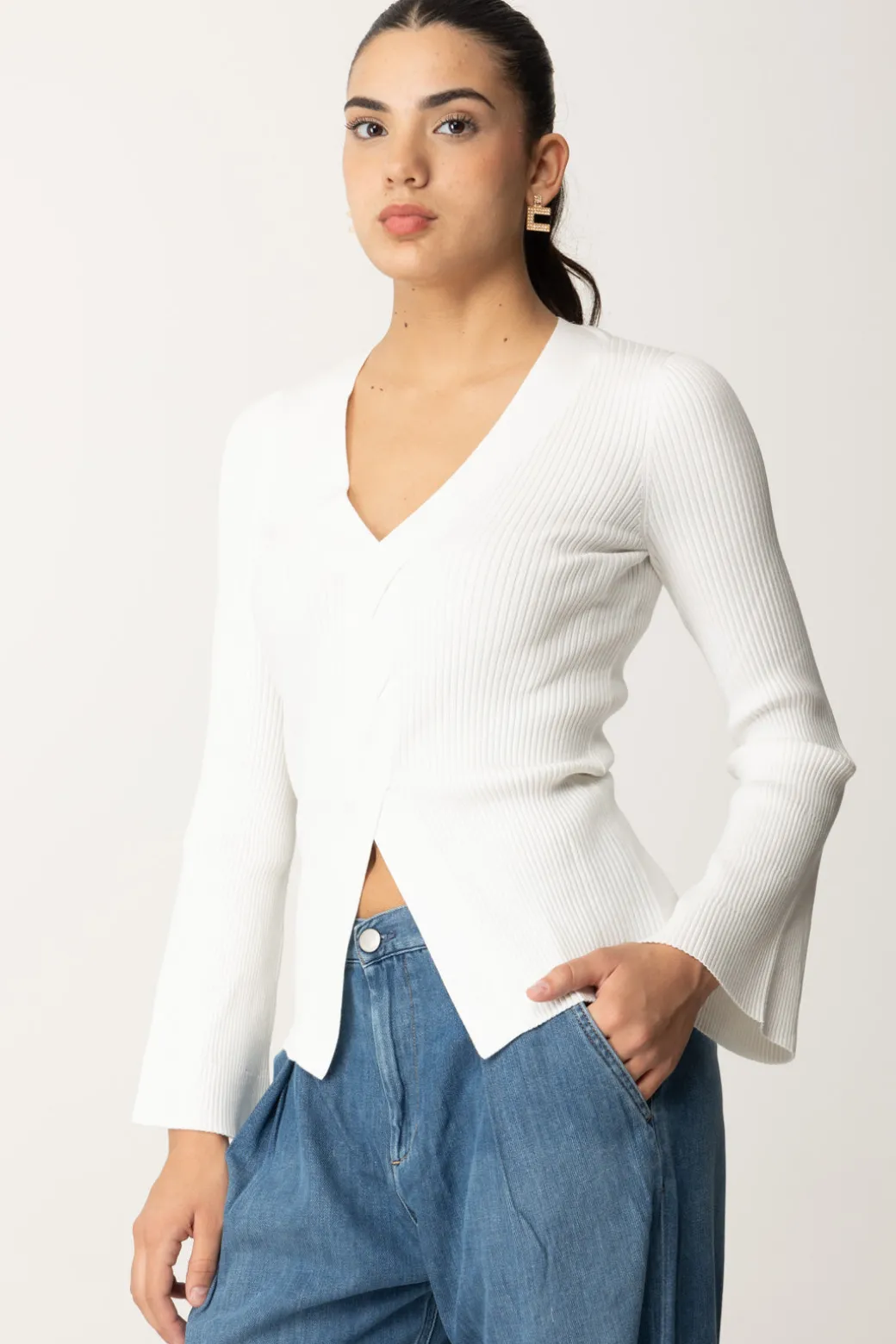 Donna Twin-set Maglia a Costine con Incrocio Frontale
