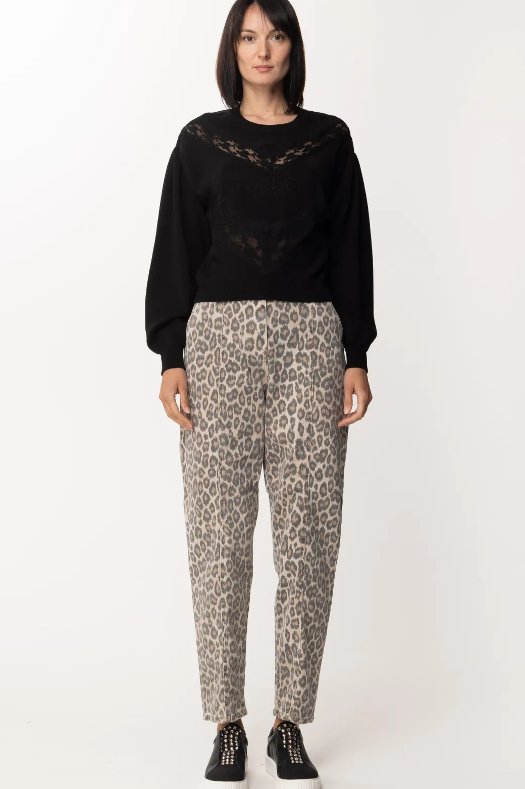 Donna Twin-set Maglia con Pizzo e Logo Ricamato