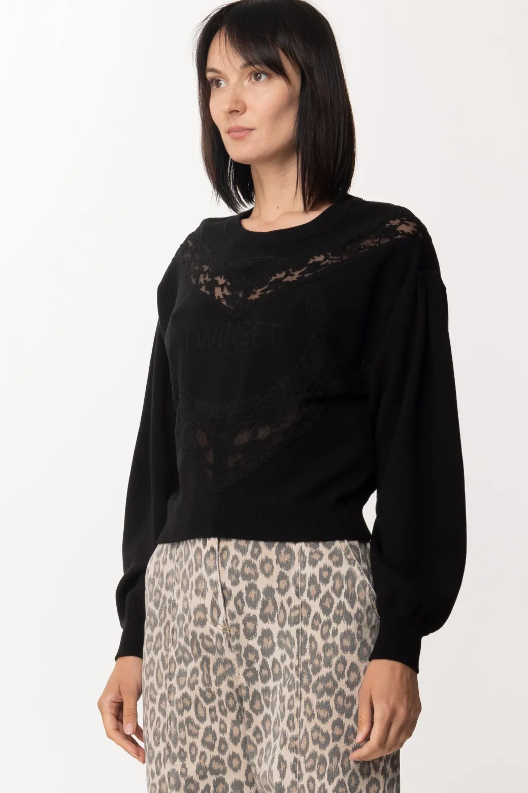 Donna Twin-set Maglia con Pizzo e Logo Ricamato