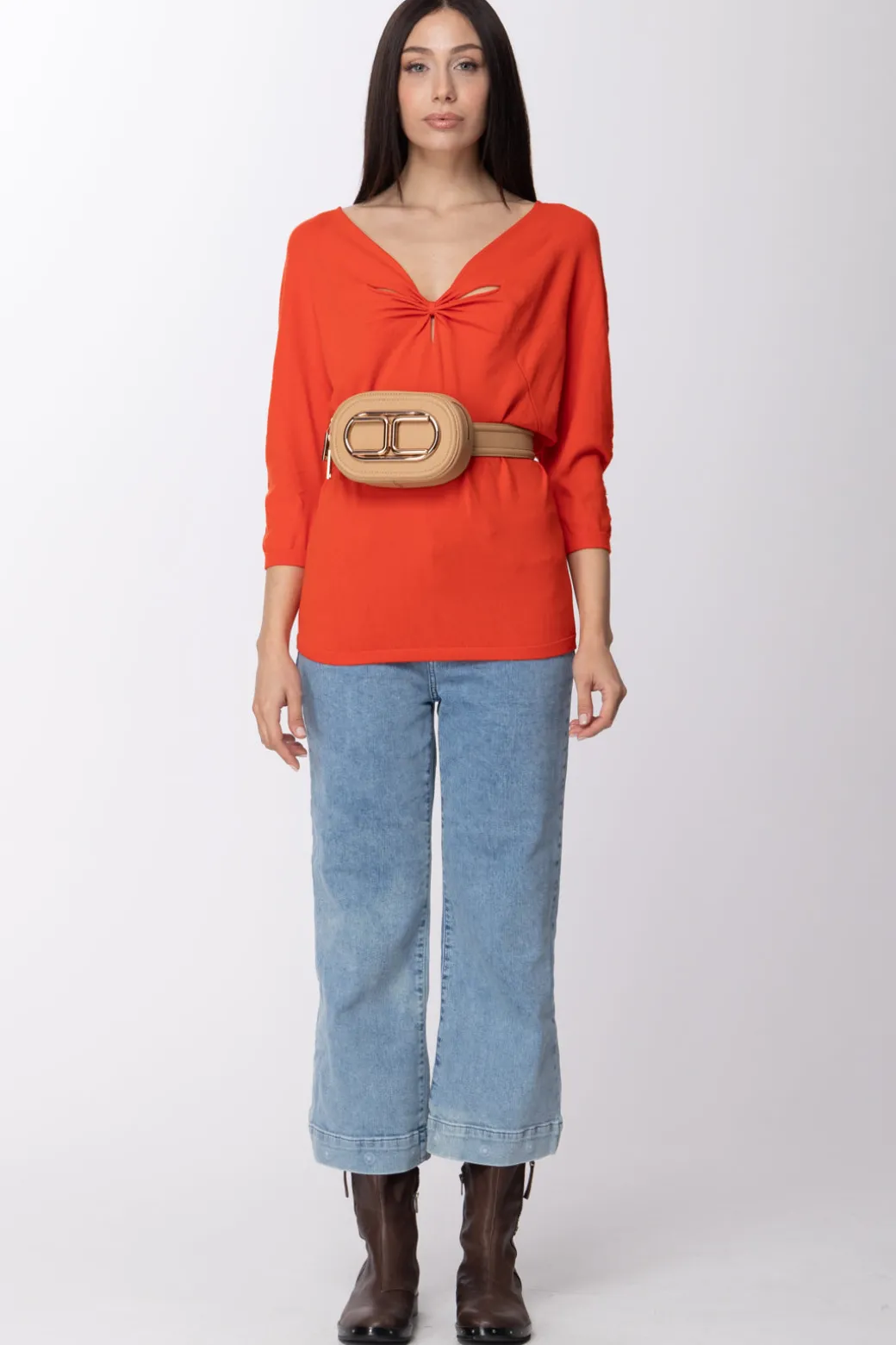 Donna Twin-set Maglia In Viscosa Stretch con Arricciatura e Cut Out