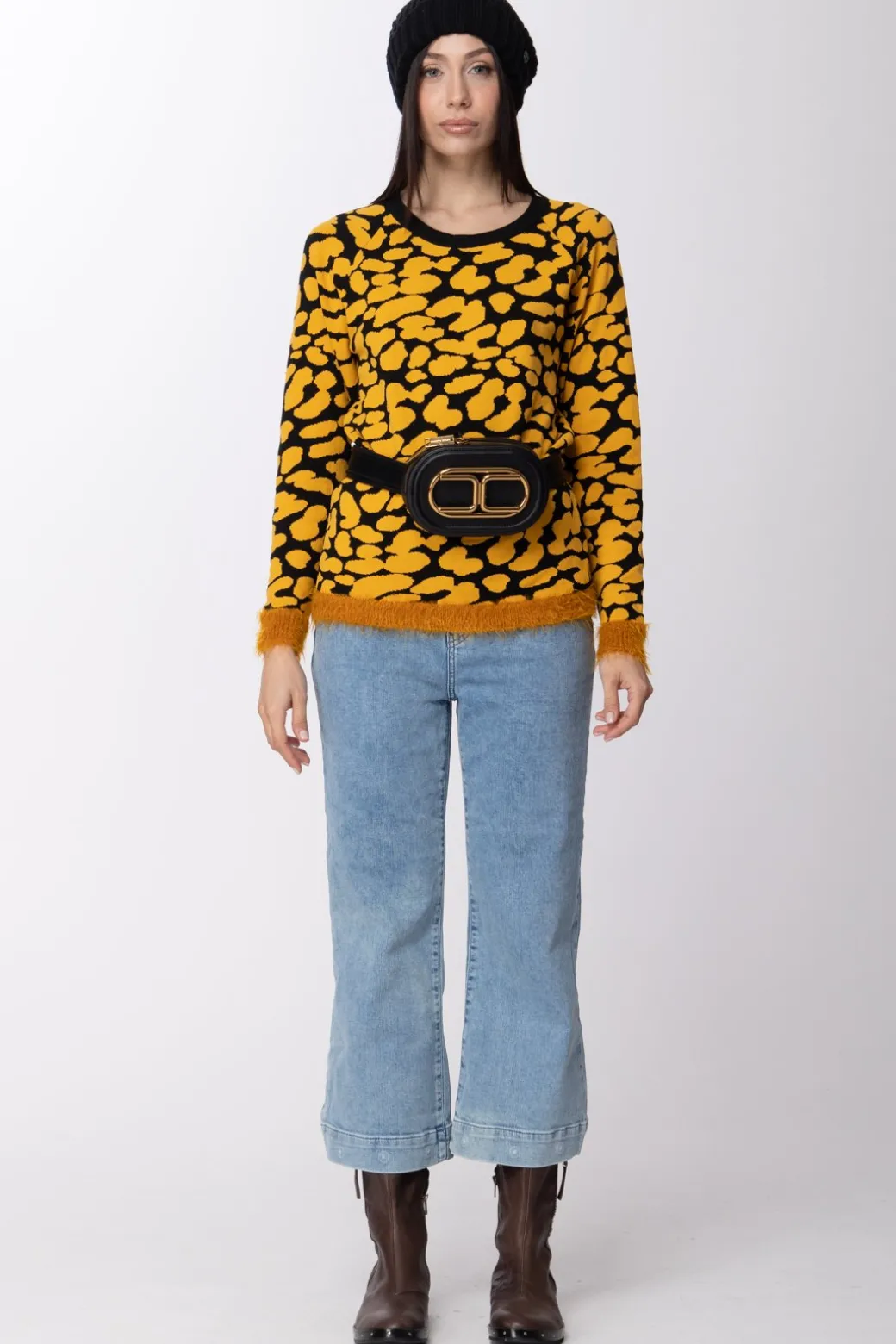 Donna Twin-set Maglia Maculata con Riporti In Pellicciotto