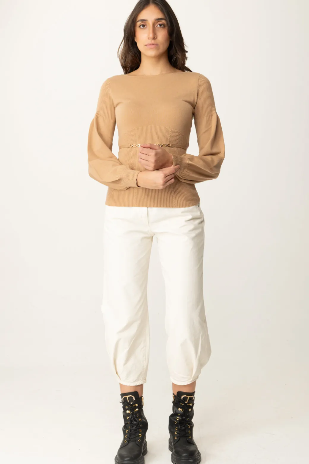 Donna Twin-set Maglia Maniche a Sbuffo con Cinturino