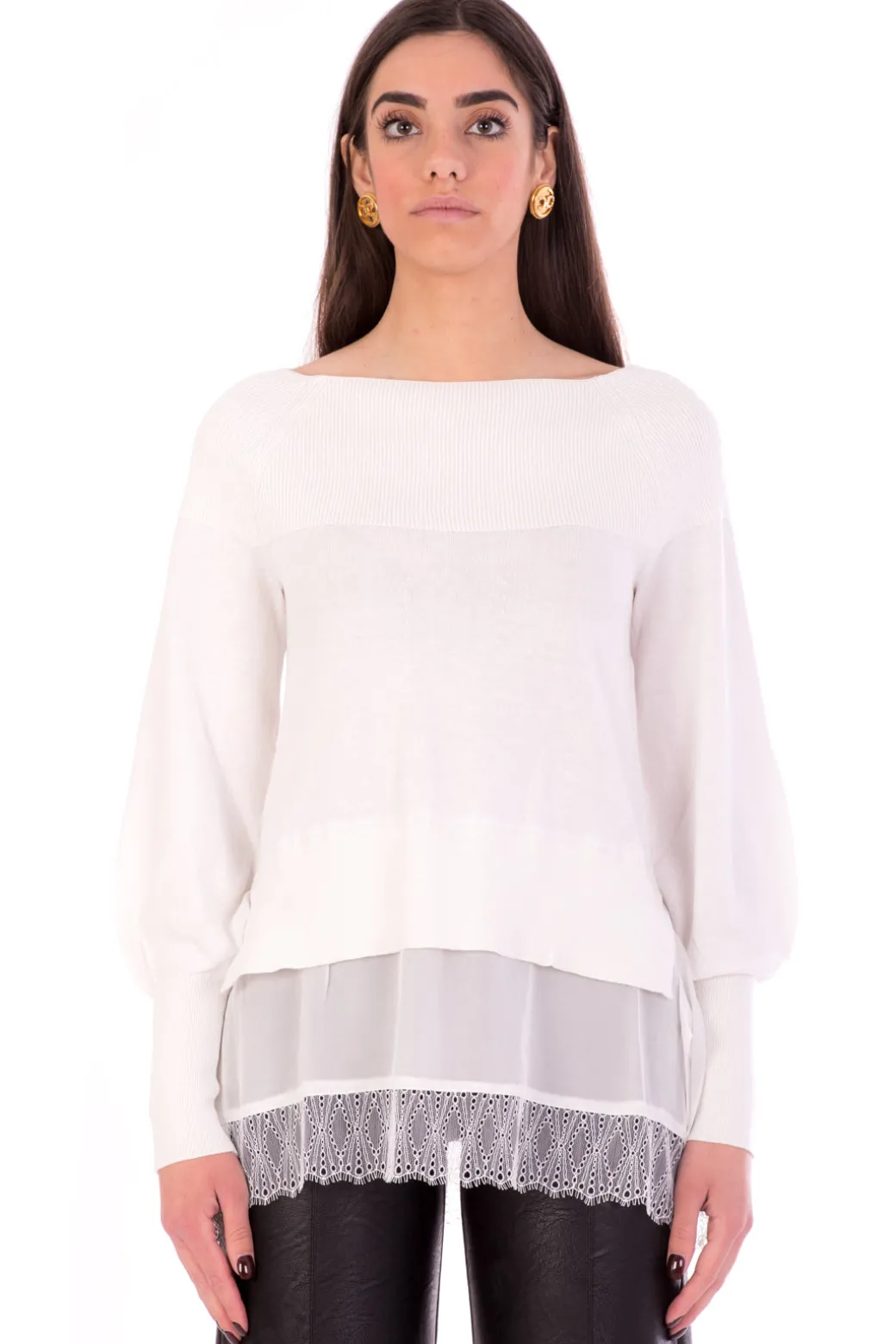 Donna Twin-set Maglia Scollo a Barca con Balza In Pizzo