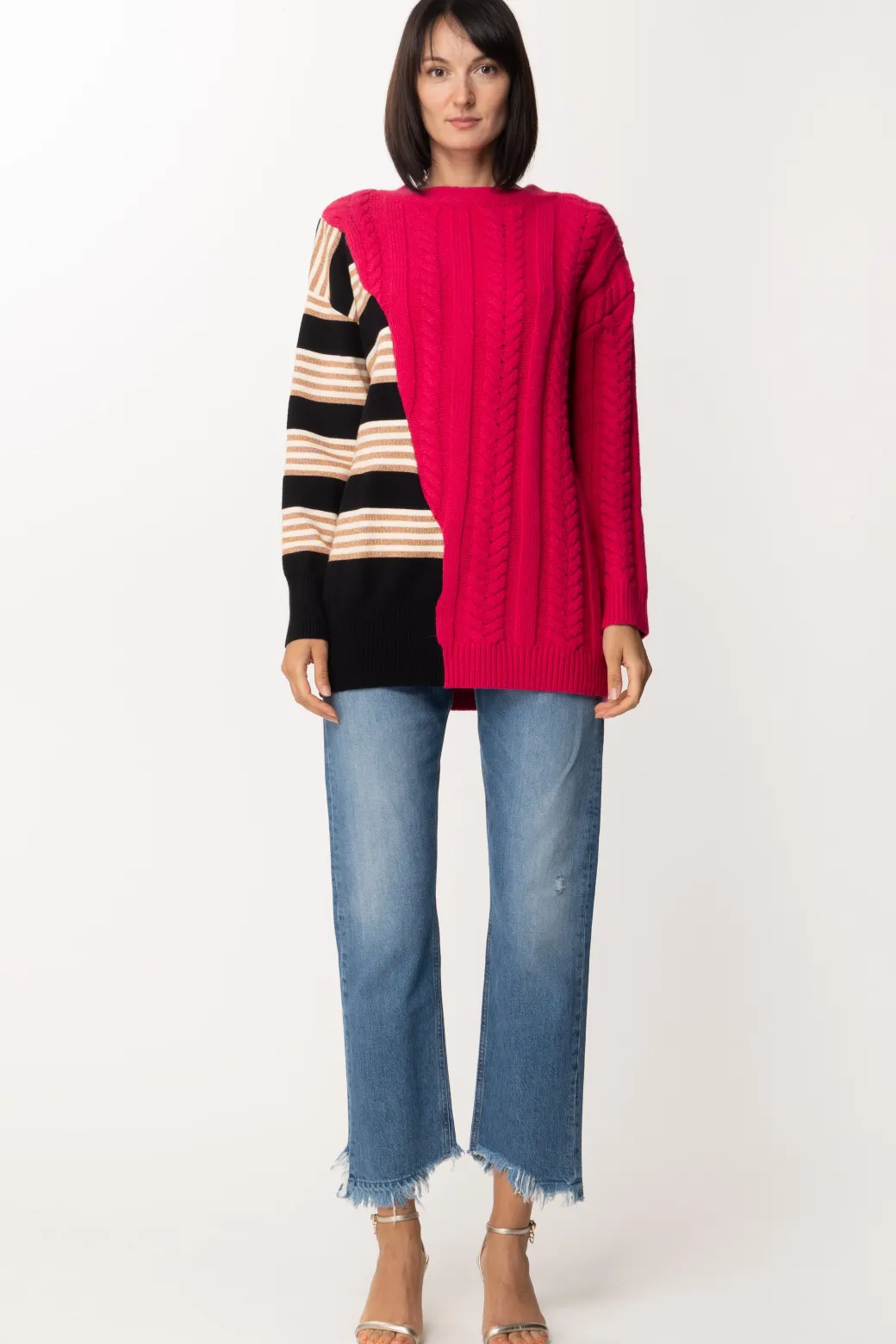 Donna Twin-set Maglione Patchwork con Inserto a Righe