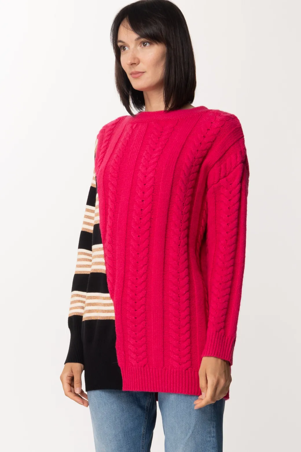 Donna Twin-set Maglione Patchwork con Inserto a Righe