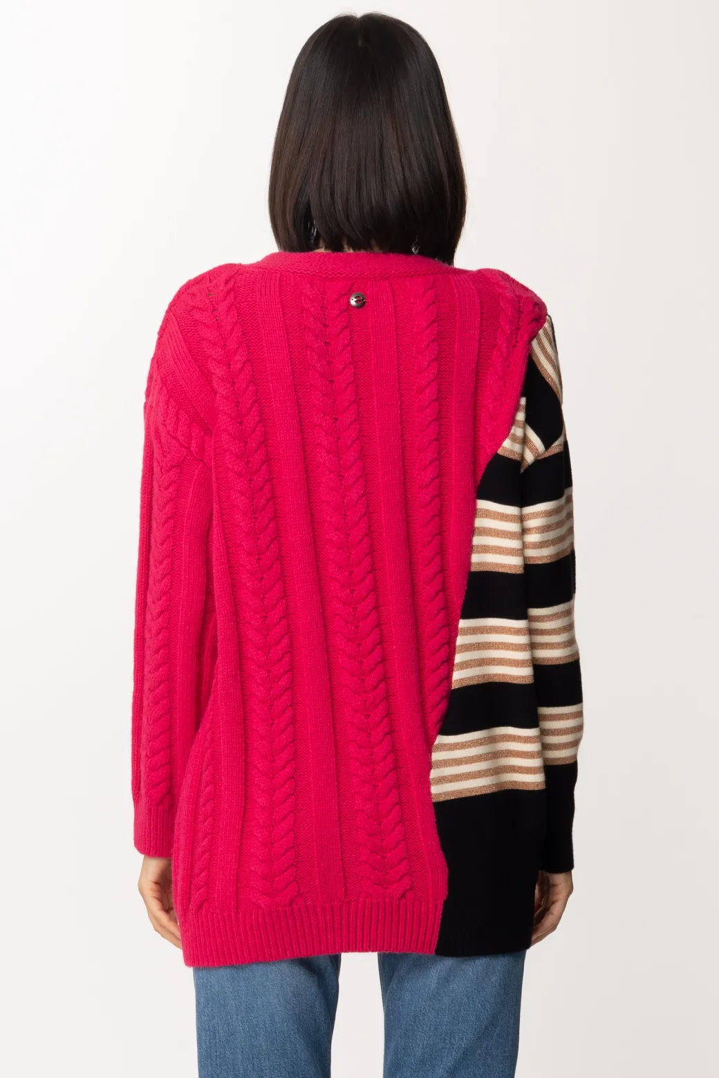 Donna Twin-set Maglione Patchwork con Inserto a Righe