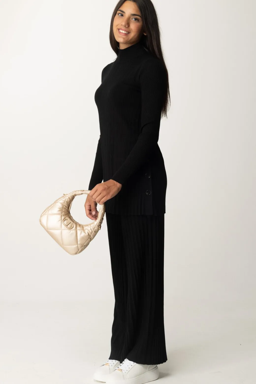 Donna Twin-set Maxi Maglia Plissé con Bottoni