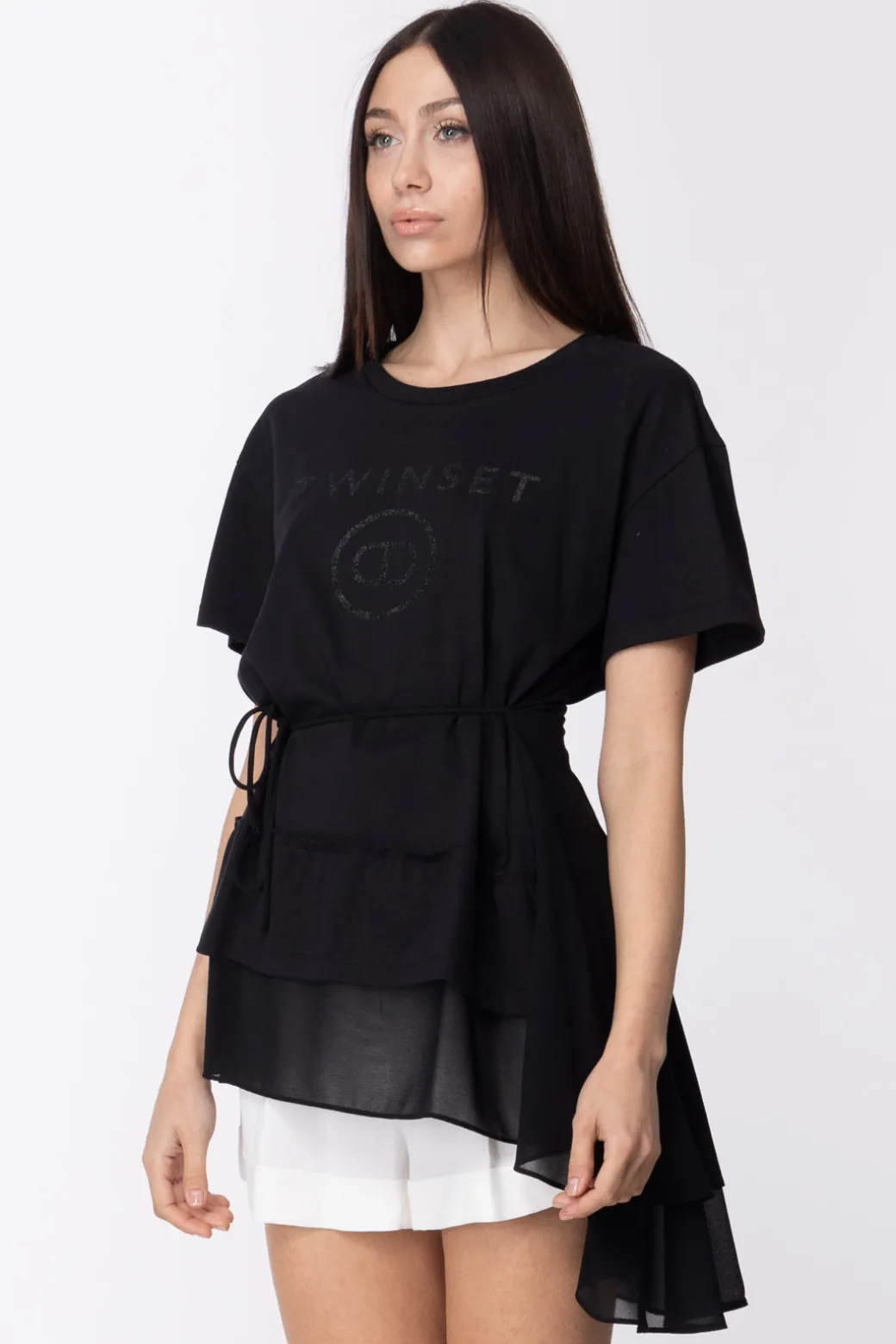 Donna Twin-set Maxi T-shirt Svasata con Inserto Volant