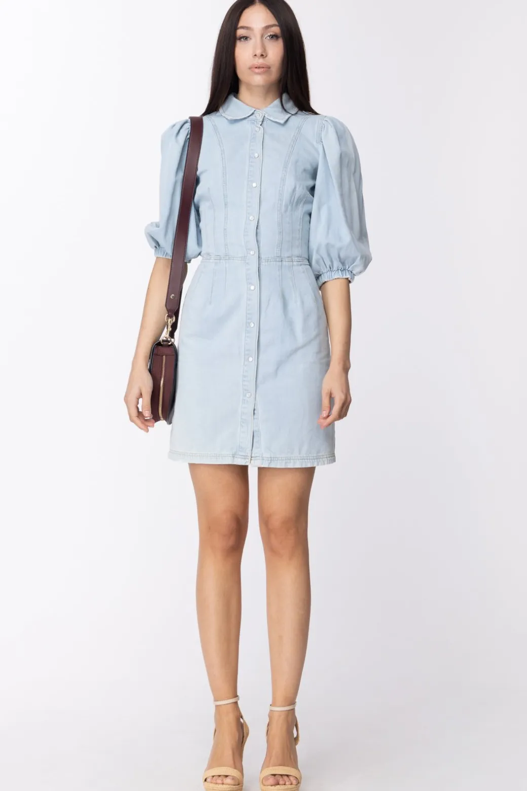 Donna Twin-set Mini Abito Chemisier In Jeans con Maniche a Sbuffo