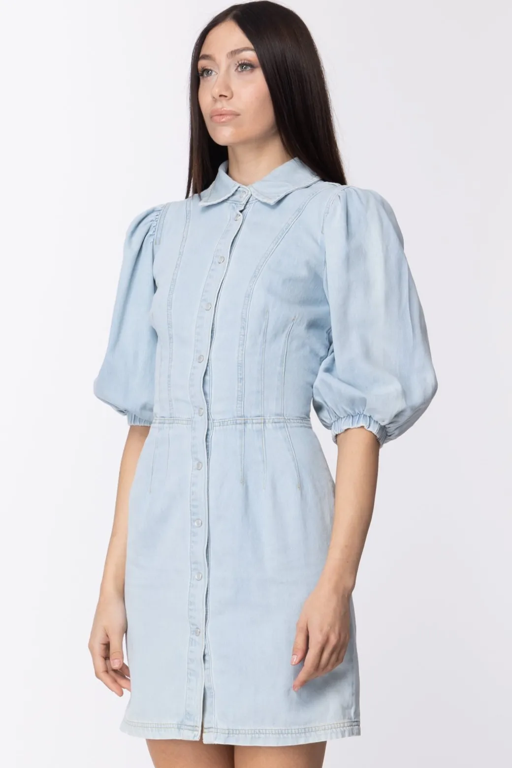 Donna Twin-set Mini Abito Chemisier In Jeans con Maniche a Sbuffo