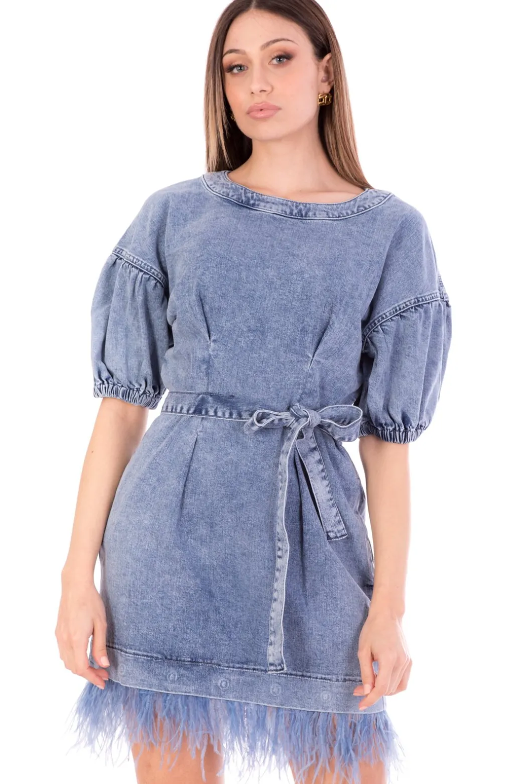 Donna Twin-set Mini Abito In Jeans con Piumette e Fusciacca